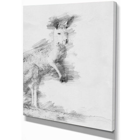 Black and White Kangaroo Sketch - Animals Painting Print on Wrapped Canvas