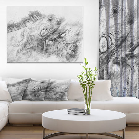 Black and White Iguana Sketch - Animals Painting Print on Wrapped Canvas