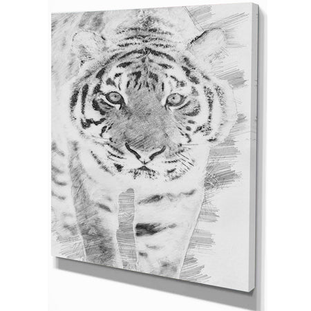 Black and White Tiger Sketch - Animals Painting Print on Wrapped Canvas