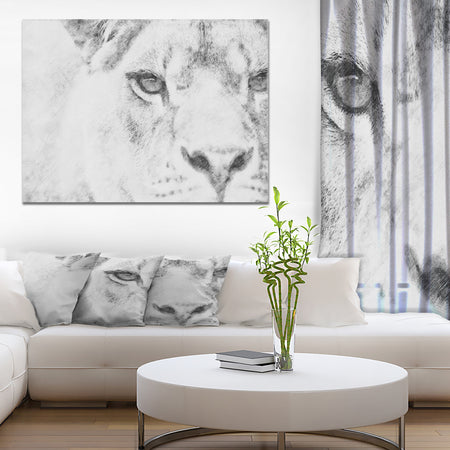 Black and White Lion Pencil Sketch - Animals Painting Print on Wrapped Canvas