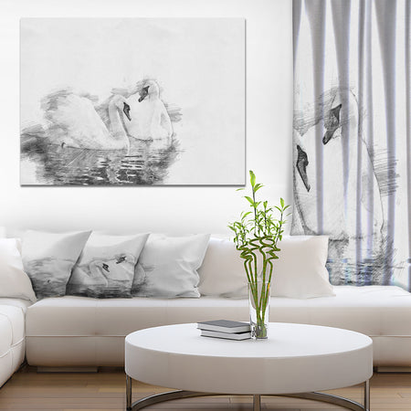 Black and White Swan Pencil Sketch - Animals Painting Print on Wrapped Canvas