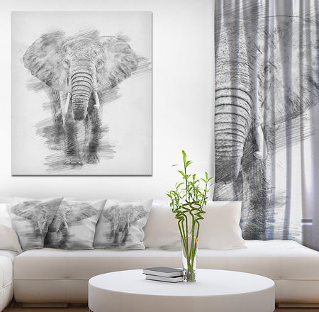 Black and White Elephant Pencil ketch - Animals Painting Print on Wrapped Canvas