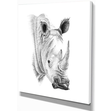 Pencil Rhino Sketch in Black and White - Animals Painting Print on Wrapped Canvas