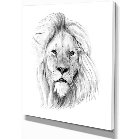 Pencil Lion Sketch in Black and White - Animals Painting Print on Wrapped Canvas