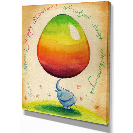 Blue Elephant with Easter Egg - Animals Painting Print on Wrapped Canvas