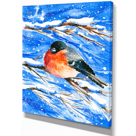 Bullfinch in Snow Storm - Animals Painting Print on Wrapped Canvas