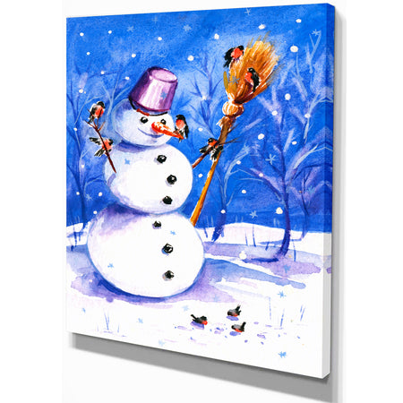 Snowman Playing with Birds - Animals Painting Print on Wrapped Canvas