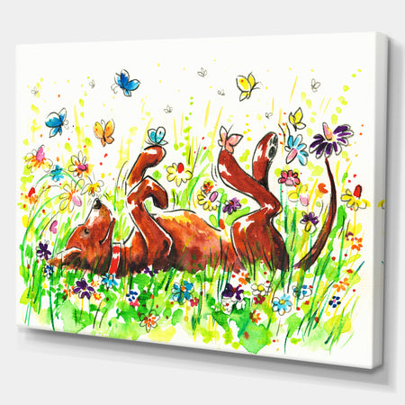 Happy Brown dog with Flowers and Butterfly - Animals Painting Print on Wrapped Canvas