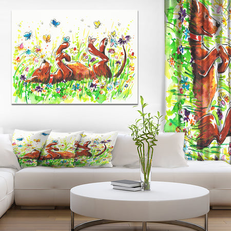 Happy Brown dog with Flowers and Butterfly - Animals Painting Print on Wrapped Canvas