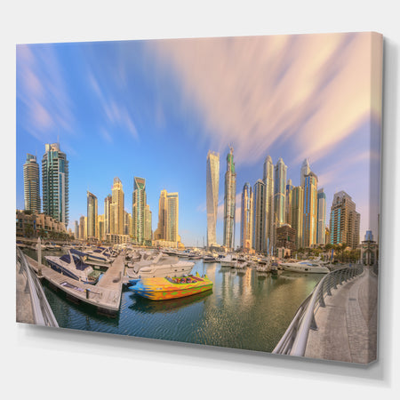 Dubai Marina UAE. Panoramic View in Cloudy sky - Cityscapes Photography on Wrapped Canvas
