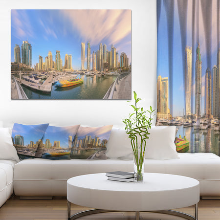 Dubai Marina UAE. Panoramic View in Cloudy sky - Cityscapes Photography on Wrapped Canvas