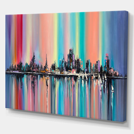 CityUnder Rainbow Sky - Cityscapes Painting Print on Wrapped Canvas