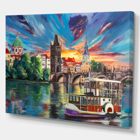 Charles Bridge Prague in Colorful Sky - Cityscapes Painting Print on Wrapped Canvas