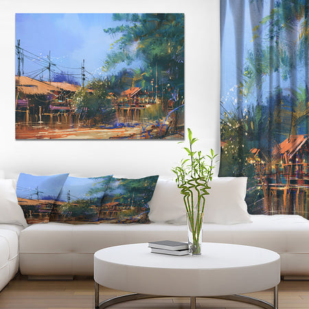 Old fishing village in Clear Sky - Cityscapes Painting Print on Wrapped Canvas