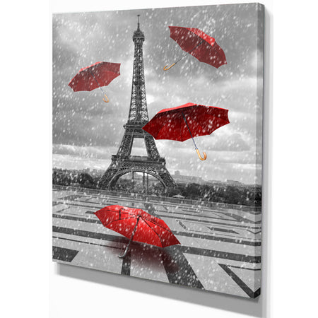 Flying Umbrella with Eiffel Tower - Cityscapes Photography on Wrapped Canvas