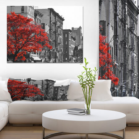 Red Tree on Black and White New York City Street - Floral Cityscapes Photographic on wrapped Canvas