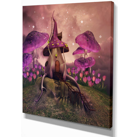 Fantasy mushrooms on a hill - Floral Painting Print on Wrapped Canvas