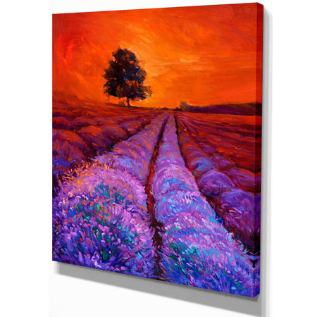 Lavender Field in Golden Sunset - Floral Painting Print on Wrapped Canvas