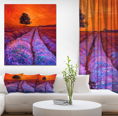 Lavender Field in Golden Sunset - Floral Painting Print on Wrapped Canvas