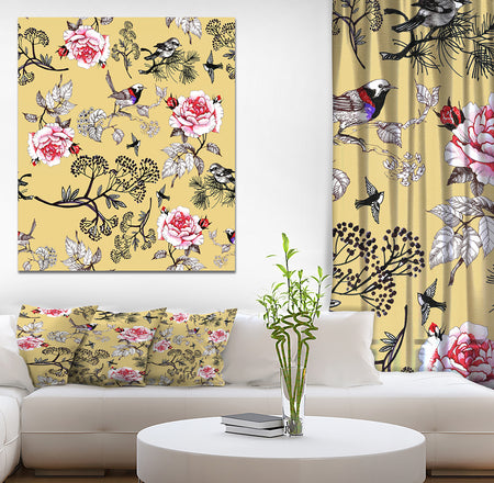 Birds and Pink Roses Floral pattern - Floral Painting Print on Wrapped Canvas