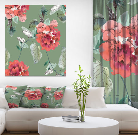 Red Flowers in Green Background - Floral Painting Print on Wrapped Canvas on wrapped Canvas