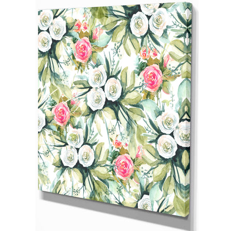 White and Red Roses in Seamless Pattern - Floral Painting Print on Wrapped Canvas