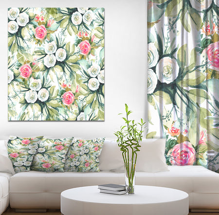 White and Red Roses in Seamless Pattern - Floral Painting Print on Wrapped Canvas