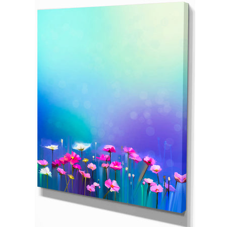 Abstract Pink Cosmos and Daisy Flower - Floral Painting Print on Wrapped Canvas