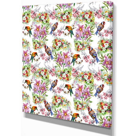 Pattern with flowers and birds - Floral Painting Print on Wrapped Canvas
