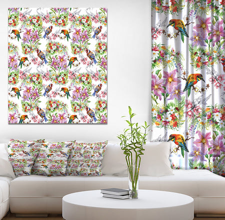 Pattern with flowers and birds - Floral Painting Print on Wrapped Canvas