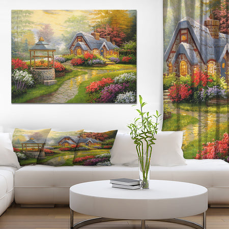 Sunset Stone Country Cottage - Floral Painting Print on Wrapped Canvas