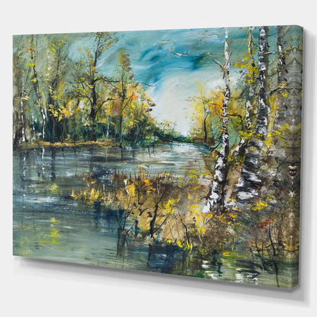 Birch Forest River - Landscapes Painting Print on Wrapped Canvas