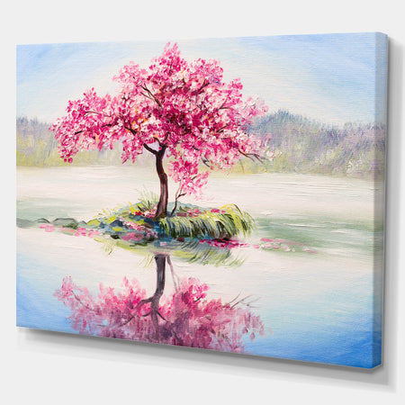 Sakura on the Lake - Landscapes Painting Print on Wrapped Canvas