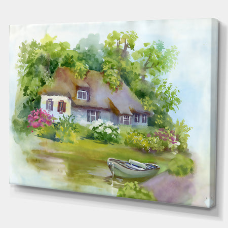 Rural house in green summer day - Landscapes Painting Print on Wrapped Canvas