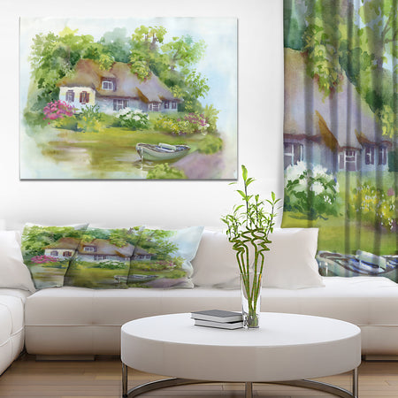Rural house in green summer day - Landscapes Painting Print on Wrapped Canvas