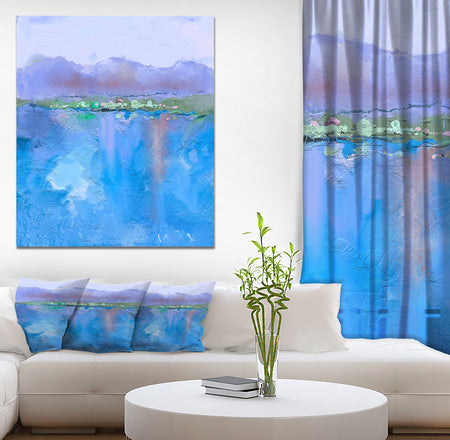 Purple Hill and Blue Lake Under Blue Sky - Landscapes Painting Print on Wrapped Canvas