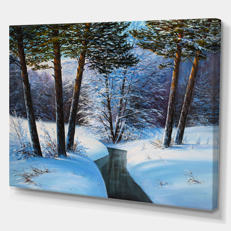Small River in Winter Forest - Landscapes Painting Print on Wrapped Canvas