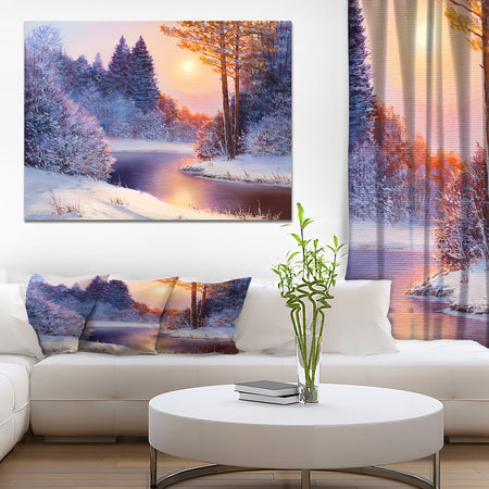 Christmas forest with river - Landscapes Painting Print on Wrapped Canvas