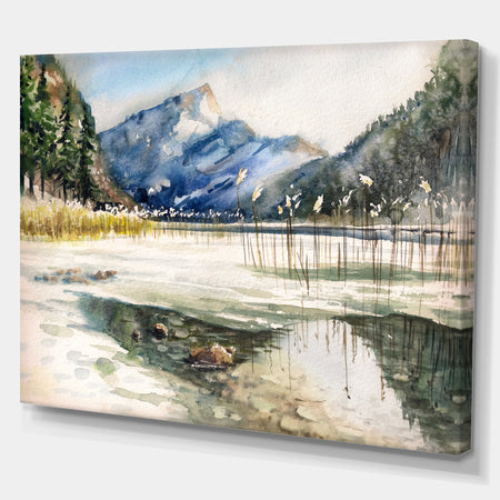 Winter Lake and Mountans Reflecting in Water - Landscapes Painting Print on Wrapped Canvas