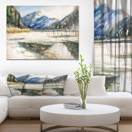 Winter Lake and Mountans Reflecting in Water - Landscapes Painting Print on Wrapped Canvas