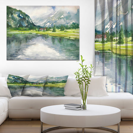 Mountain and Lake in Autumn - Landscapes Painting Print on Wrapped Canvas