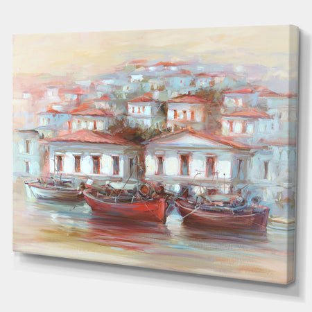Three Fishing Boats on the island Harbor - Nautical Painting Print on Wrapped Canvas