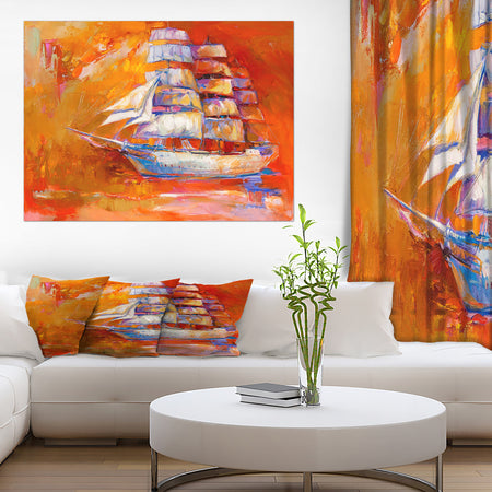 Golden Sunset in Ocean Ship - Nautical Painting Print on Wrapped Canvas