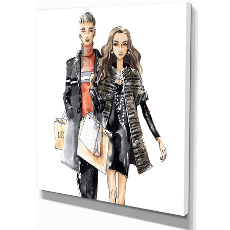 Couples Waking Along side - Glamour Painting Print on Wrapped Canvas