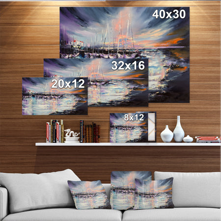 Marina bay Under Stormy Sunset - Sea & Shore Painting Print on Wrapped Canvas