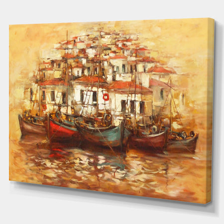 Boats on the island harbor Oil Painting - Sea & Shore Painting Print on Wrapped Canvas