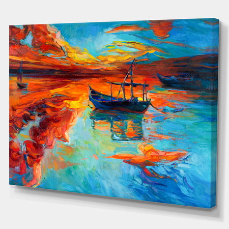 Fishing Sailing Boat at Red Sunset - Sea & Shore Painting Print on Wrapped Canvas