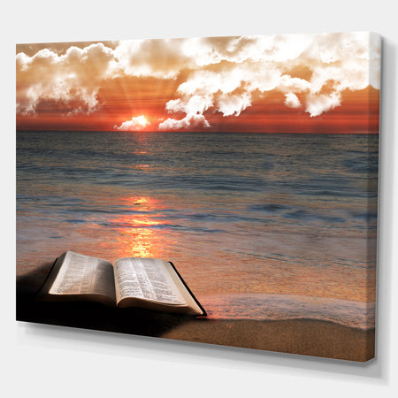 Open Bible in Cloudy Sunset - Sea & Shore Contemporary on wrapped Canvas