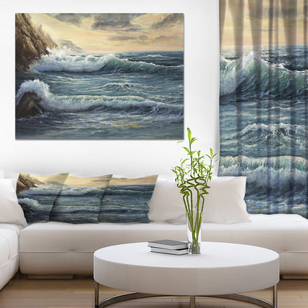 Ocean Waves under Dark Cloudy Sky - Sea & Shore Painting Print on Wrapped Canvas