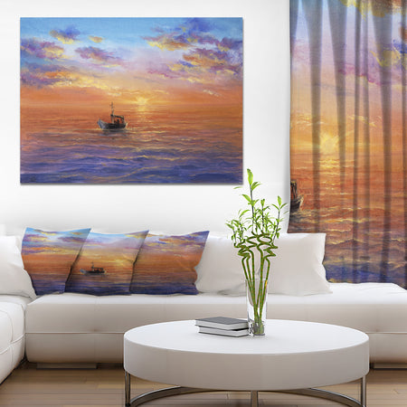 Fishing Boat in Golden Sunset - Sea & Shore Painting Print on Wrapped Canvas